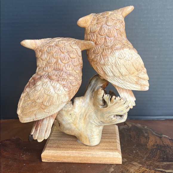 “hoo” Loves Owls 101: Hand-Carved Twin Owls on Natural Wood Base-by Yudi Suardi - Picture 4 of 7